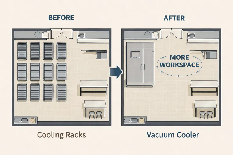 Floor plan diagram: 'Before' showing a room full of cooling racks vs. 'After' showing a single vacuum cooler and more workspace.