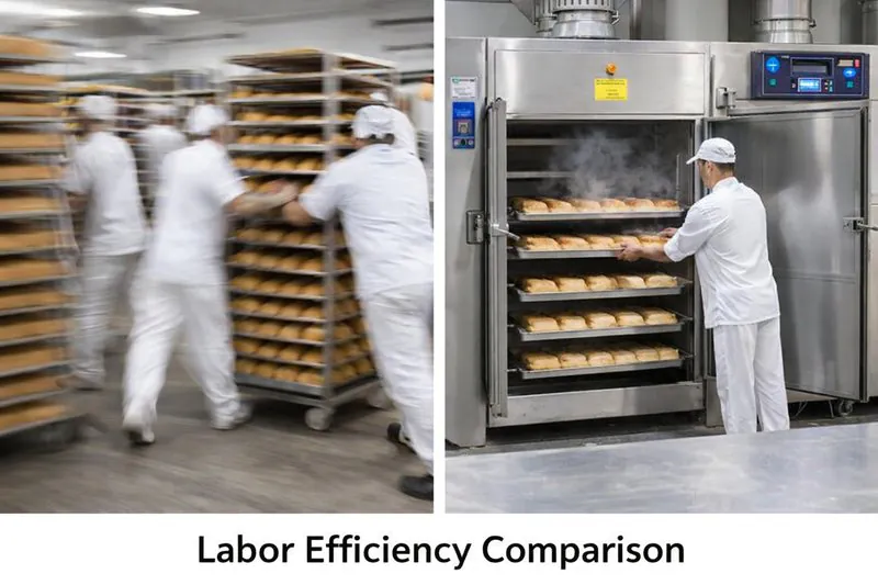 A split-screen image: On the left, chaotic bakers moving many racks. On the right, a calm, single-person operation loading a vacuum cooler.