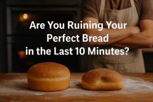 A side-by-side comparison image showing two bread loaves in a bakery setting, highlighting how improper cooling in the last 10 minutes can ruin bread quality, accompanied by the headline “Are You Ruining Your Perfect Bread in the Last 10 Minutes?”.