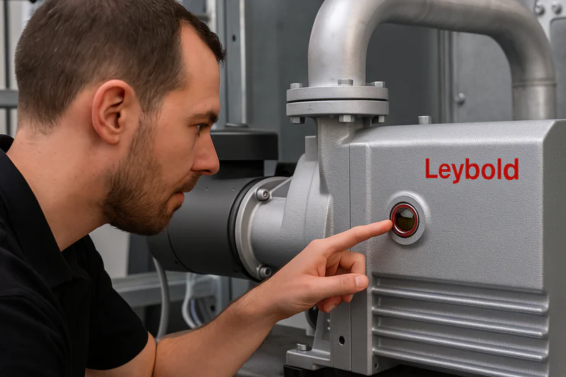 A photo of a maintenance technician checking the oil level sight glass on a Leybold vacuum pump.