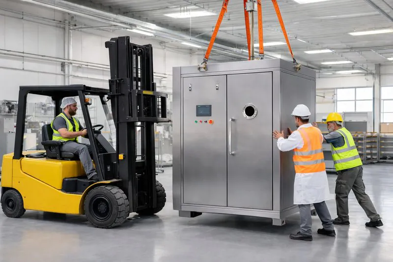 A photo of a clean, well-lit factory floor with a vacuum cooler being lowered into place by a forklift.