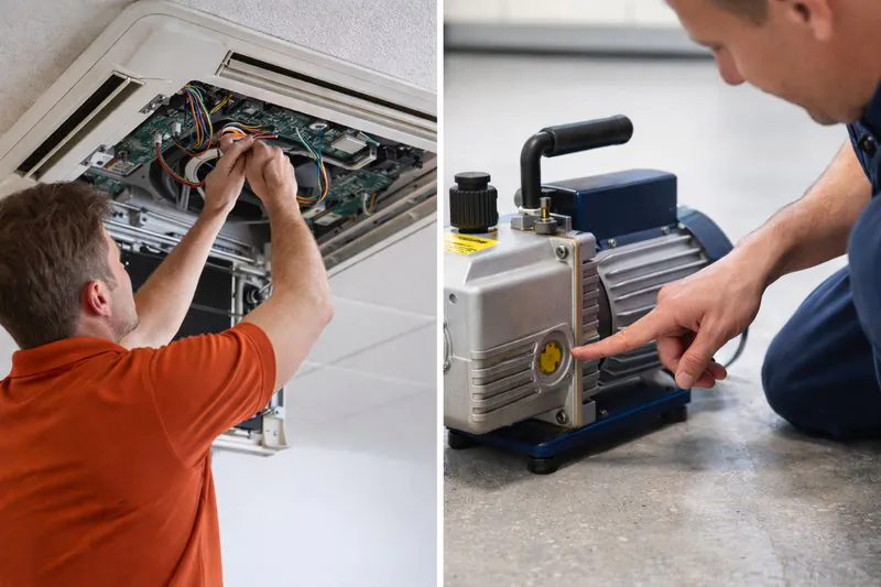 A photo of a technician servicing a complicated ceiling AC unit vs. a technician easily checking the oil level on a floor-level vacuum pump.