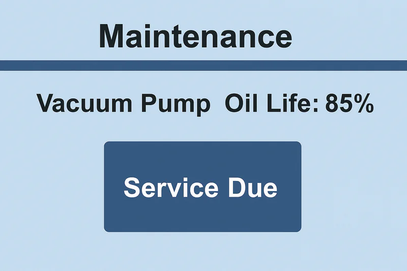A screenshot of the HMI maintenance screen showing 'Vacuum Pump Oil Life: 85%' and a 'Service Due' reminder.
