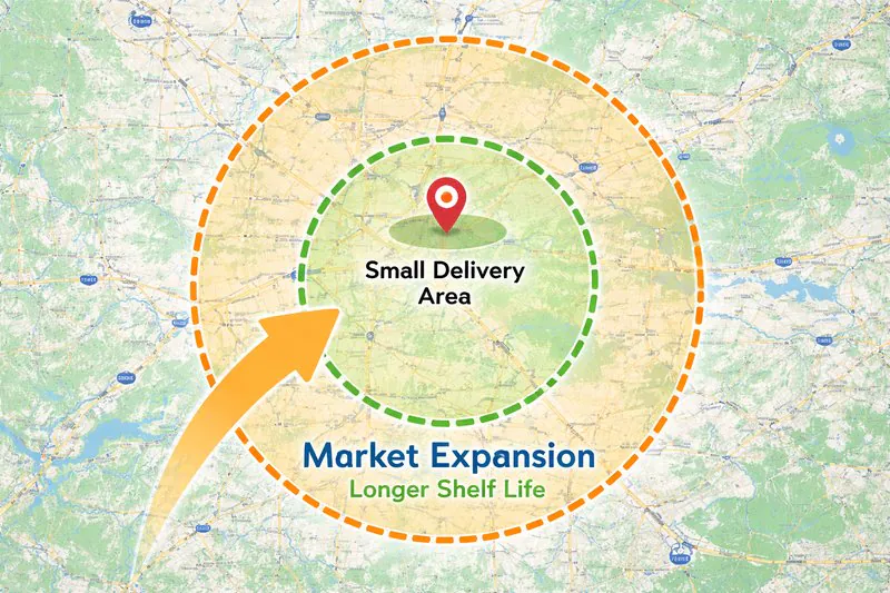 A map showing a small delivery circle vs. a large delivery circle, symbolizing market expansion due to longer shelf life.