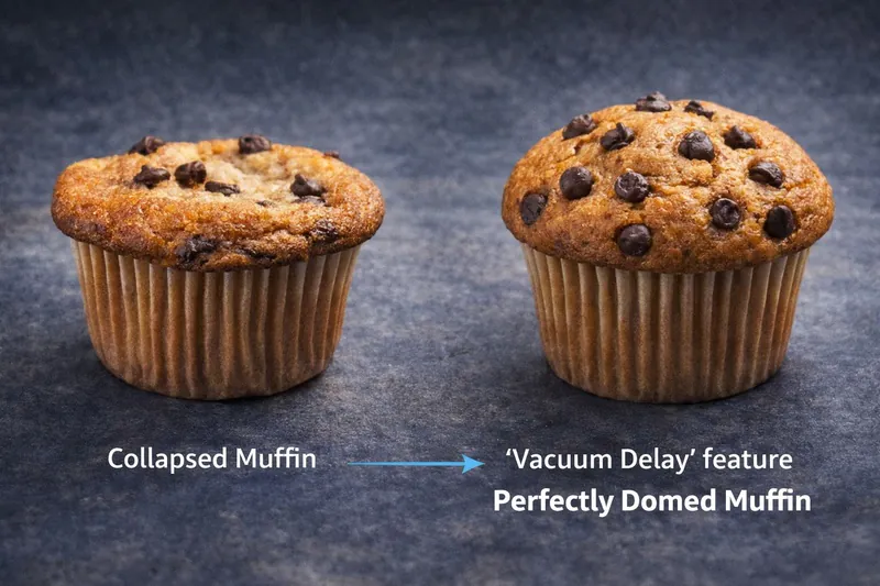 A side-by-side image: a collapsed, sunken muffin vs. a perfectly domed muffin that was cooled using the 'Vacuum Delay' feature.