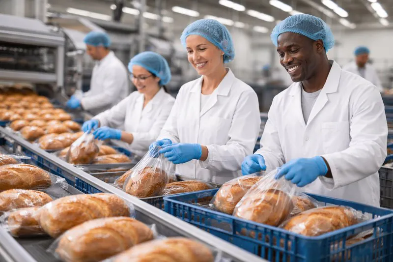 A photo of a packaging line in full swing, with workers happily packing fresh bread without waiting.