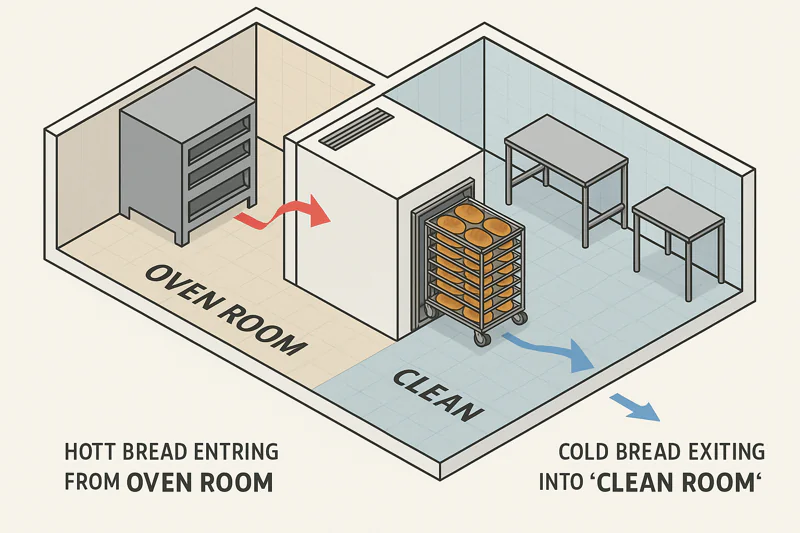 A 3D floor plan of a bakery showing a 'Pass-Through' vacuum cooler installed in a wall. Red arrows show hot bread entering from the 'Oven Room', and blue arrows show cold bread exiting into the 'Clean Room'.