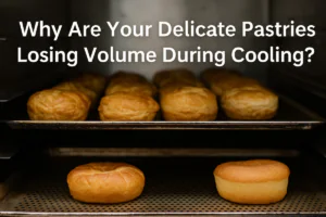 A horizontal photo of pastries cooling on baking trays, showing some flattened pastries and some with full volume, illustrating the question “Why Are Your Delicate Pastries Losing Volume During Cooling?” in a commercial bakery environment.