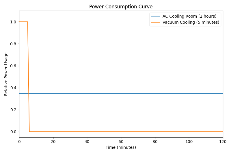 A graph comparing two curves: A long, flat line representing AC usage over 2 hours vs. a short, sharp spike representing Vacuum Cooling for 5 minutes.