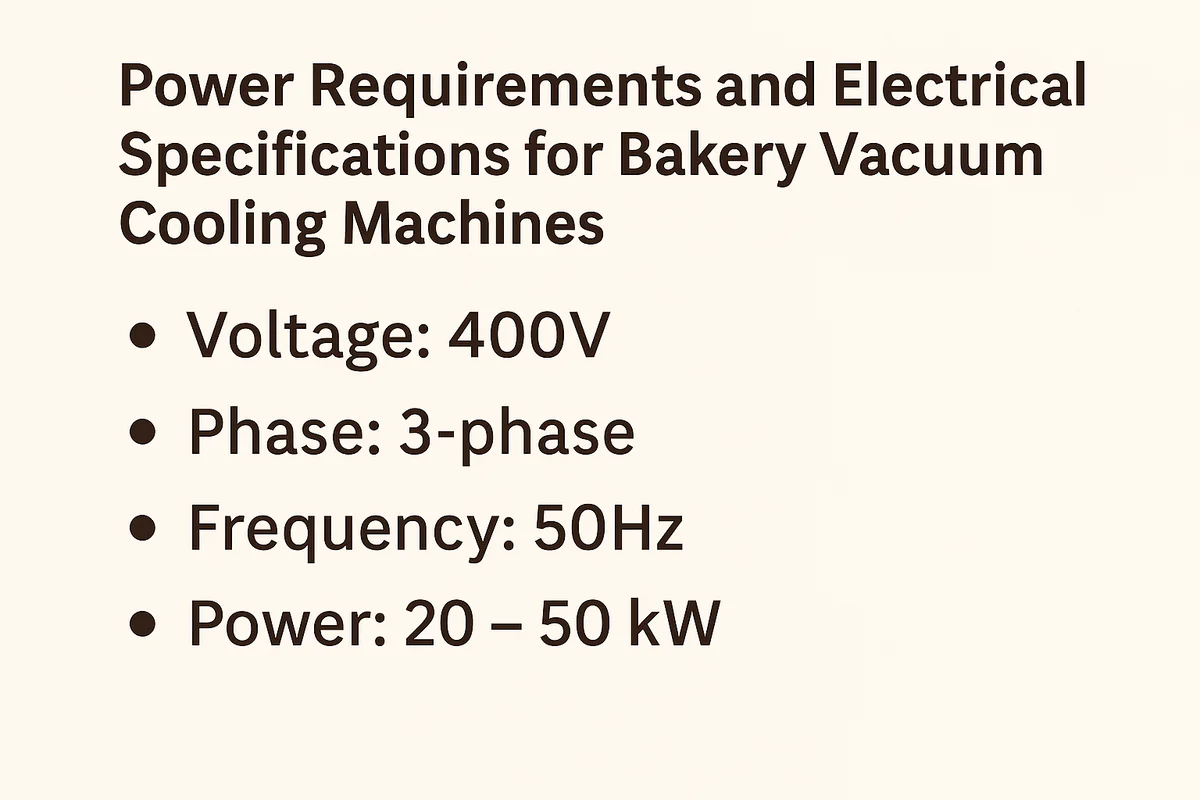 A horizontal infographic showing the power requirements and electrical specifications for bakery vacuum cooling machines, including voltage 400V, 3-phase power, 50Hz frequency, and 20–50kW power range