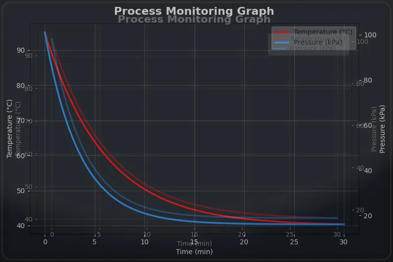 A photo of a digital chart on a screen, showing a red line (Temperature) dropping rapidly alongside a blue line (Pressure).