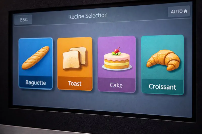 A screenshot of the HMI screen showing icons for Baguette, Toast, Cake, and Croissant.
