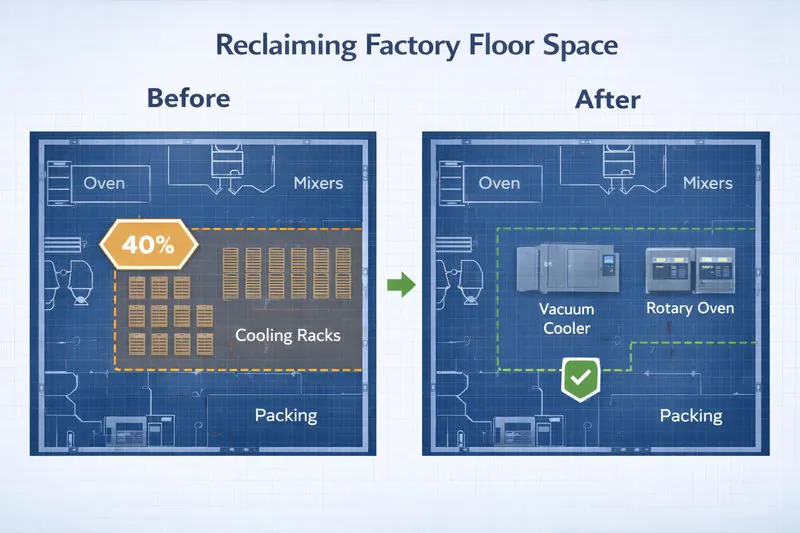A floor plan blueprint layout. 'Before' shows 40% of the floor taken by cooling racks. 'After' shows that area replaced by a vacuum cooler and two new rotary ovens.