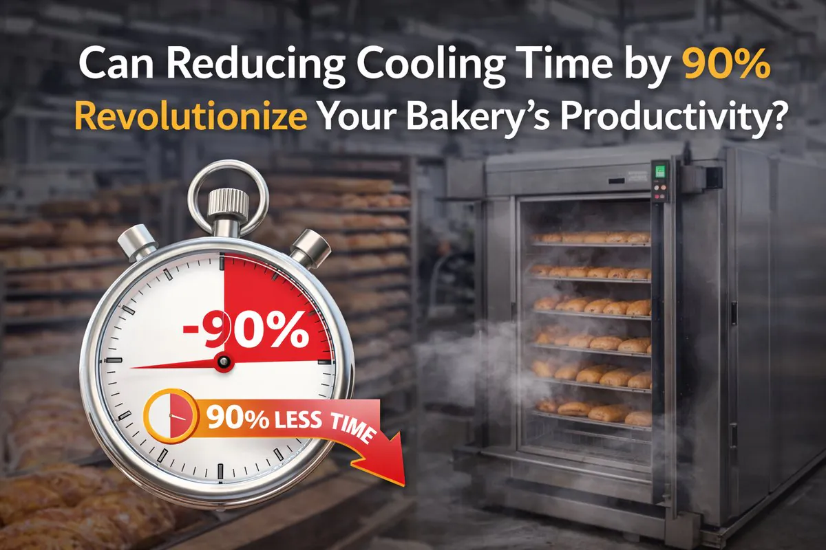 Blog cover image showing a bakery vacuum cooling machine with bread trays and a stopwatch graphic highlighting 90% reduced cooling time to improve bakery productivity.