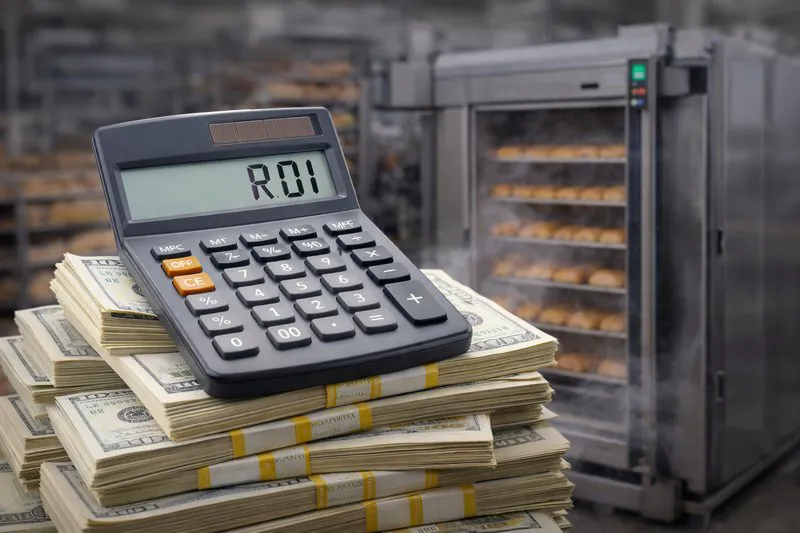 A calculator sitting on top of a stack of money, with a vacuum cooling machine in the background.