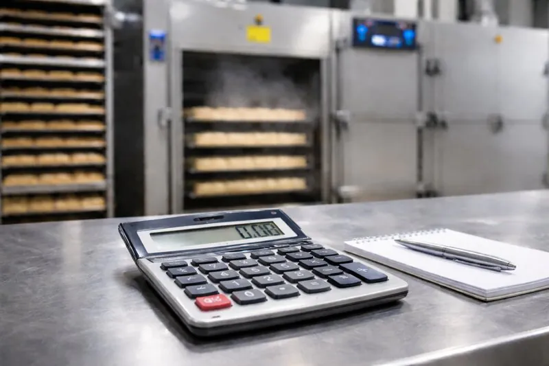 A close-up of a calculator sitting on a stainless steel bakery table, with a vacuum cooler in the blurred background.