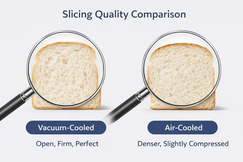A magnifying glass view comparing two bread slices: one vacuum-cooled (open, firm, perfect) and one air-cooled (denser, slightly compressed).