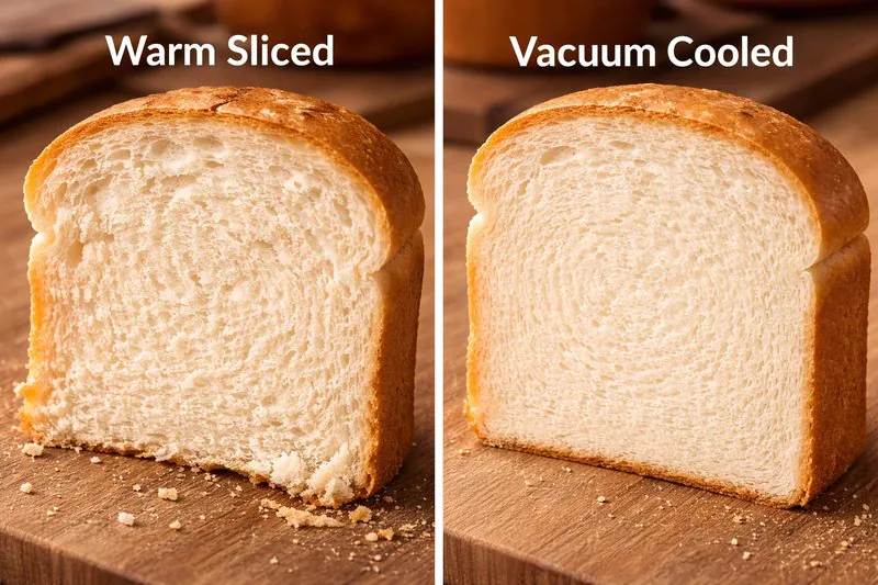 A close-up comparison: One slice of bread looks torn and ragged (warm sliced). The other looks perfect and smooth (vacuum cooled).