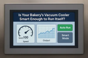 A control panel display showing the question “Is Your Bakery’s Vacuum Cooler Smart Enough to Run Itself?” with a speed gauge, performance output graph, and buttons labeled Auto Run and Smart Mode, representing automated vacuum cooling technology in a bakery