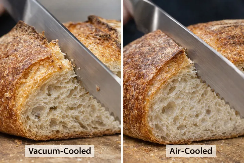 Close-up comparison photo: A knife cutting through a vacuum-cooled sourdough loaf showing a crispy, flaky crust versus a tough, air-cooled crust.