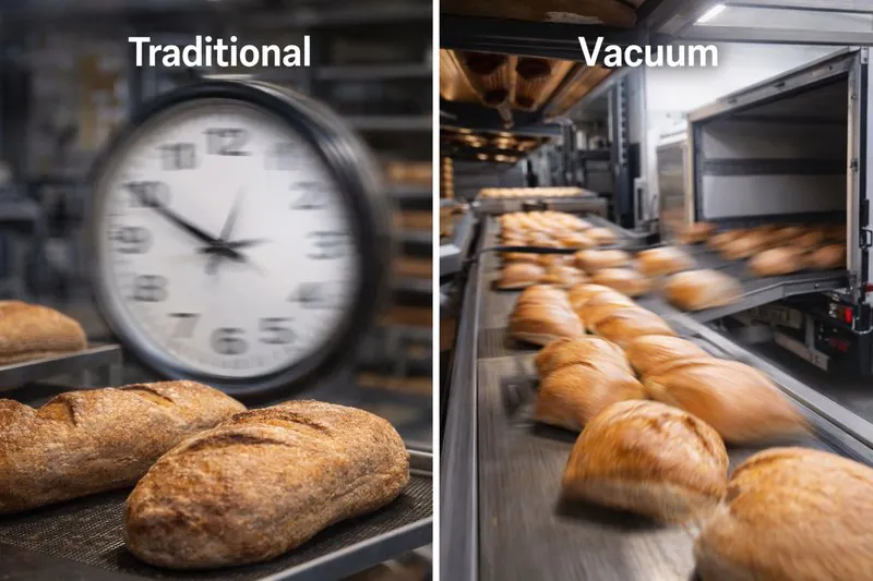 A time-lapse style image split in half: Left side shows a clock spinning rapidly while bread sits still (traditional). Right side shows bread moving fast from oven to truck (vacuum).