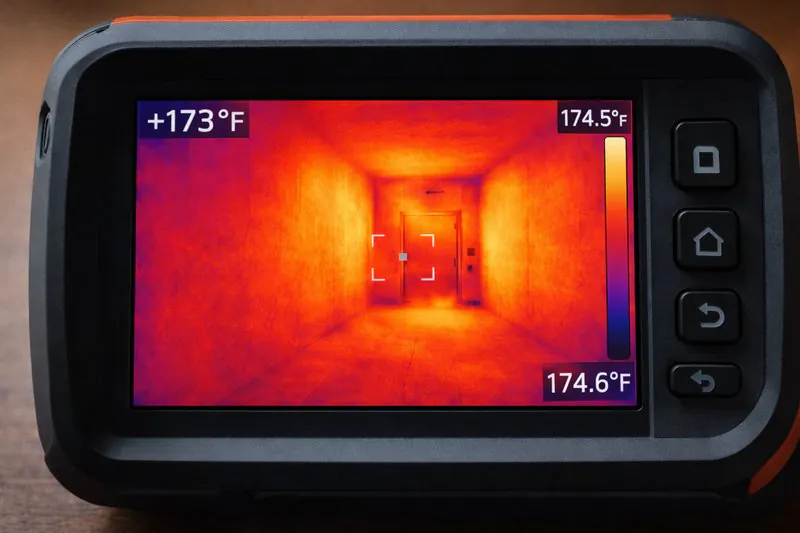 A thermal imaging camera shot showing a hot cooling room where the walls and floor are red/orange, indicating wasted energy absorption.