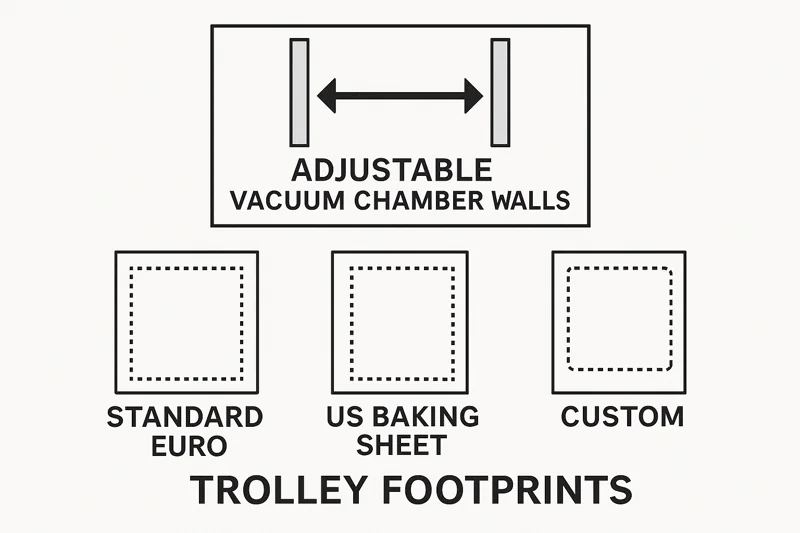 A diagram showing different trolley footprints (Standard Euro, US Baking Sheet, Custom) and how the vacuum chamber walls can be adjusted to fit them.