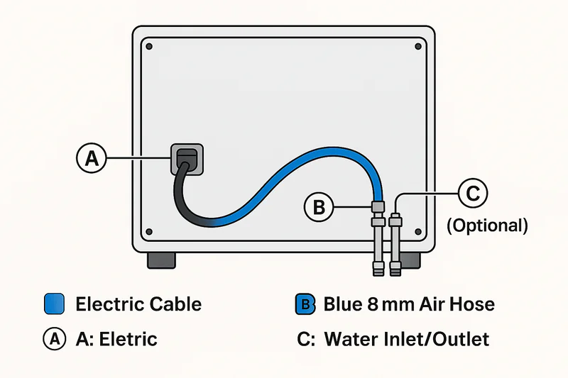 A diagram showing the back of the machine. Connection point A: Electric Cable. Connection point B: Blue 8mm Air Hose. Connection point C (Optional): Water Inlet/Outlet pipes.
