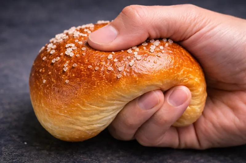 A photo of a hand gently squeezing a vacuum-cooled brioche bun, which springs back perfectly, demonstrating its soft and moist texture.