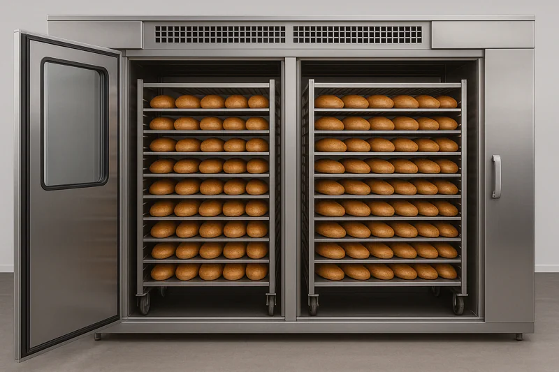 A photo of a dual-trolley vacuum cooler with the door open, showing two fully loaded bread racks sitting side-by-side inside.