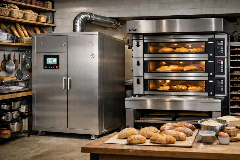 A compact, stainless steel vacuum cooler installed in a small, busy artisan bakery kitchen next to a deck oven.