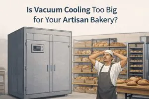 Artisan baker in a small bakery looking at a large vacuum cooler surrounded by fresh bread, illustrating whether vacuum cooling suits small bakeries.