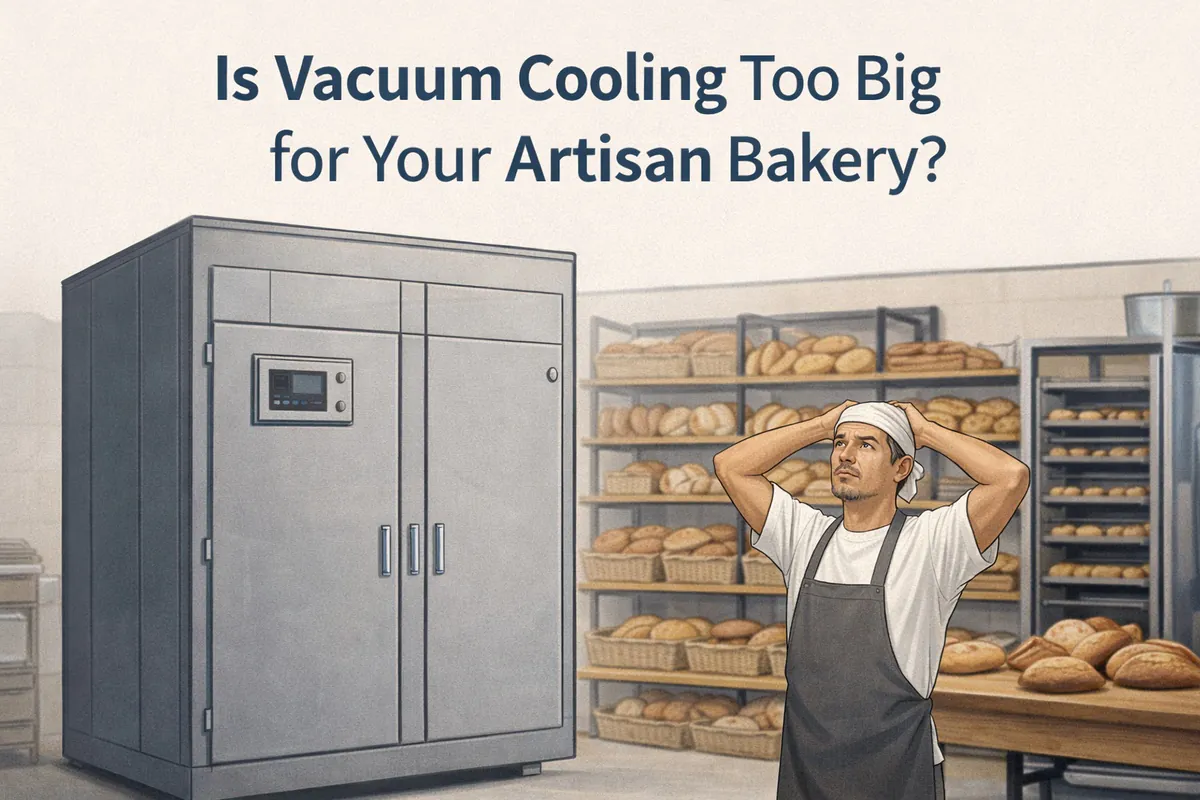 Artisan baker in a small bakery looking at a large vacuum cooler surrounded by fresh bread, illustrating whether vacuum cooling suits small bakeries.