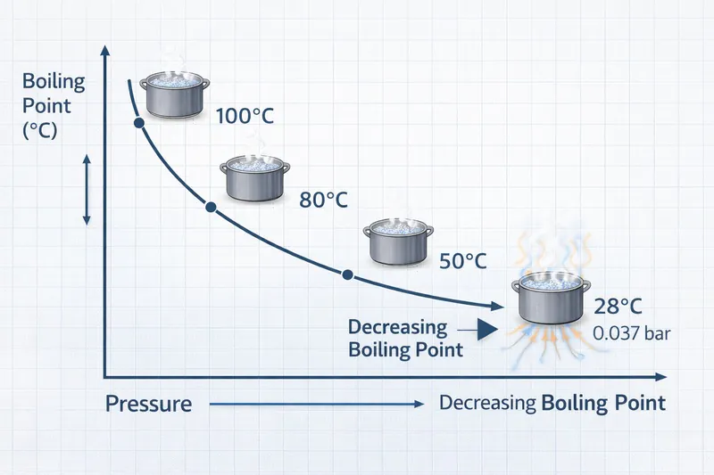 Diagram showing the boiling point of water dropping as pressure decreases, illustrating the flash evaporation effect.