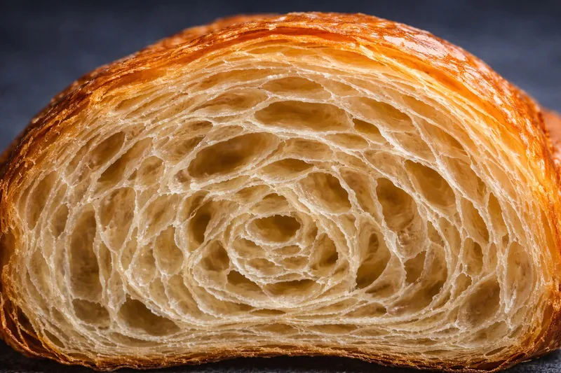 An extreme close-up of a cross-section of a vacuum-cooled croissant, showing hundreds of distinct, airy layers.