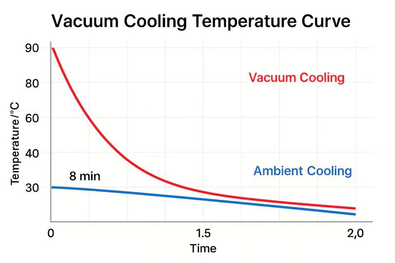 A graph showing the cooling curve: A steep drop from 90°C to 30°C in 8 minutes, compared to a slow 2-hour decline for ambient cooling.