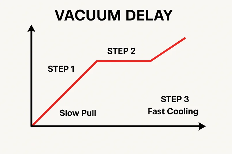 A diagram illustrating the 'Vacuum Delay' process: Step 1 (Slow Pull), Step 2 (Stabilization), Step 3 (Fast Cooling).