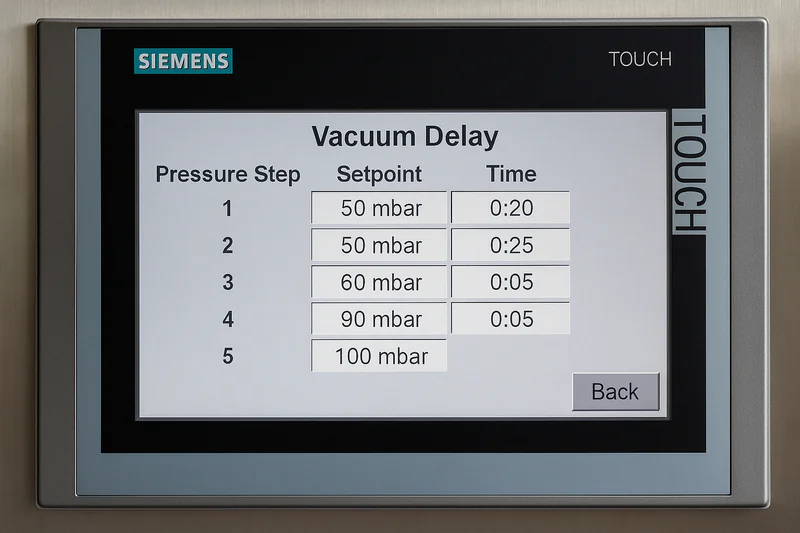 A screenshot of the Siemens Touch Screen HMI displaying the 'Vacuum Delay' settings with multiple pressure steps.