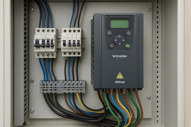 A photo of a the inside of the electrical panel featuring a distinct drive unit (VFD) labeled 'Schneider Altivar', connected to the main wiring.