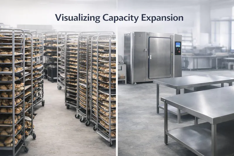 A split screen comparison: Left side shows a cluttered bakery full of cooling racks with no room to move. Right side shows a spacious, clean bakery with a vacuum cooler and more prep tables.