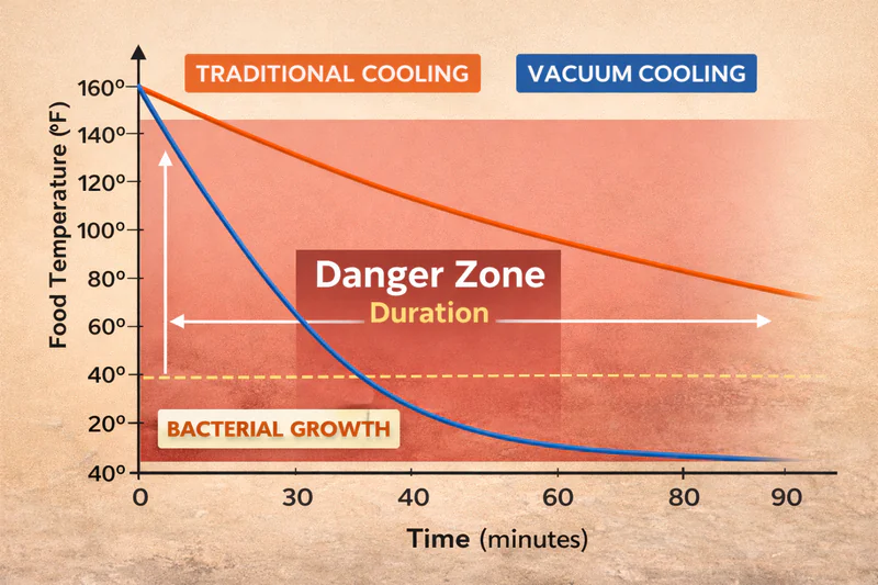 A line graph comparing cooling curves: A steep, fast drop for vacuum cooling versus a long, slow decline for traditional cooling, highlighting the 'Danger Zone' duration.
