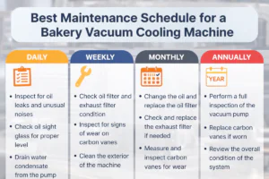 Infographic showing the best maintenance schedule for a bakery vacuum cooling machine, with daily, weekly, monthly, and annual tasks such as oil level check, filter inspection, and vacuum pump inspection.
