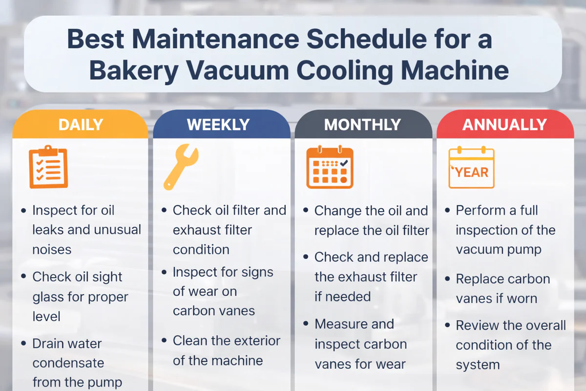 Infographic showing the best maintenance schedule for a bakery vacuum cooling machine, with daily, weekly, monthly, and annual tasks such as oil level check, filter inspection, and vacuum pump inspection.