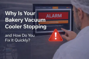 Bakery manager checking a vacuum cooler touchscreen showing a red ALARM message, illustrating common reasons a bakery vacuum cooling machine stops and how to troubleshoot and restart it quickly