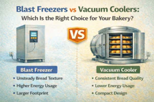 Blast freezers vs vacuum coolers infographic for bakeries, comparing energy use, footprint, and bread quality