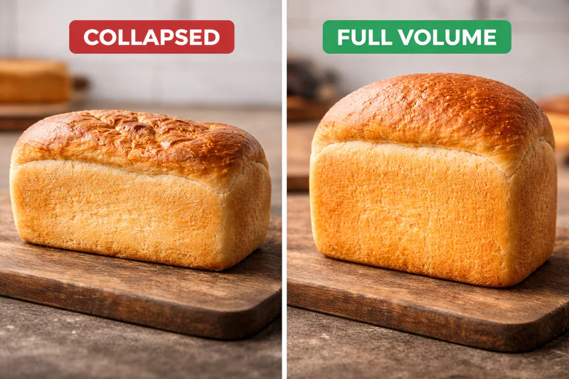 A side-by-side comparison photo: On the left, a collapsed traditional loaf; on the right, a tall, full-volume vacuum-cooled loaf.
