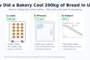 Case study infographic showing a bakery cooling 200kg of bread in under 5 minutes using a vacuum cooler with trolley loading, reaching about 30°C and becoming pack-ready faster.