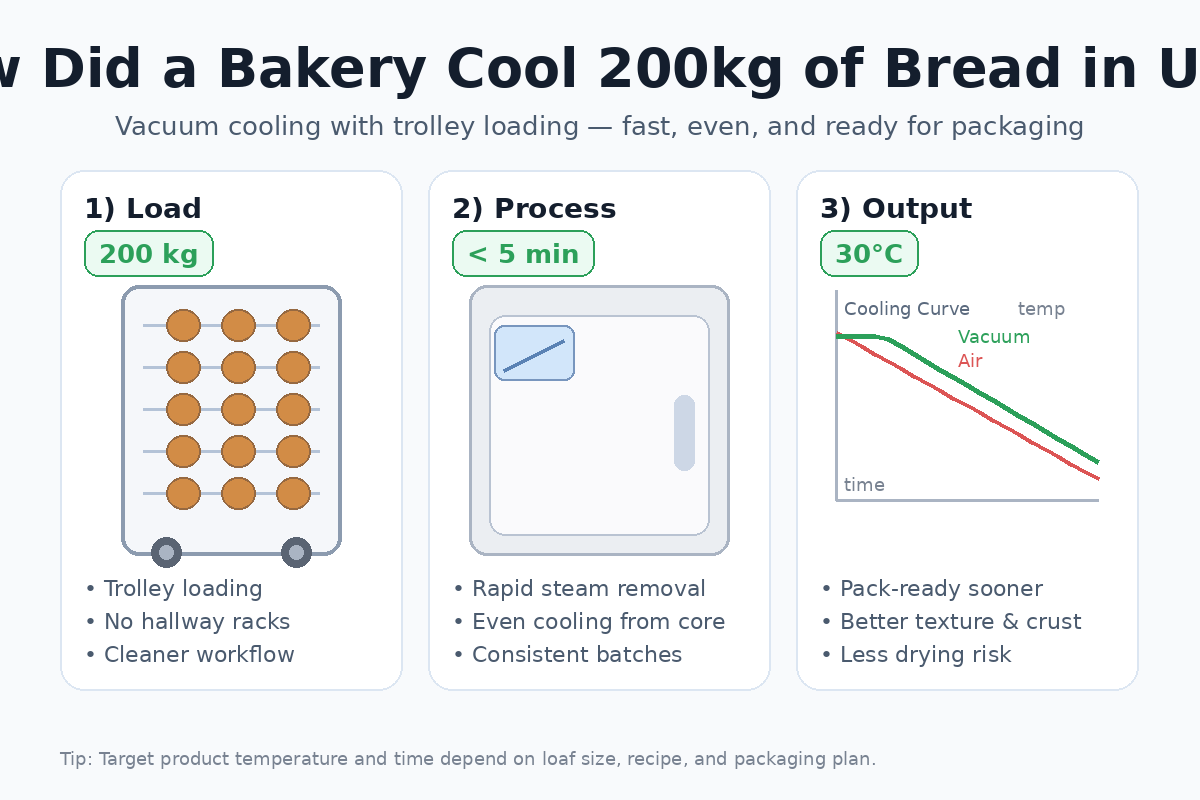 Case study infographic showing a bakery cooling 200kg of bread in under 5 minutes using a vacuum cooler with trolley loading, reaching about 30°C and becoming pack-ready faster.