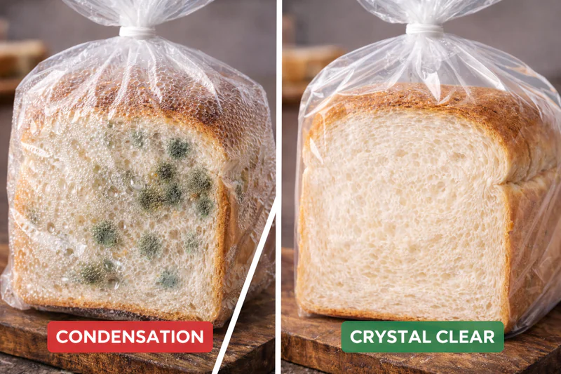 A close-up photo of a plastic bread bag with condensation droplets fogging the inside, contrasted with a crystal clear bag containing vacuum-cooled bread.