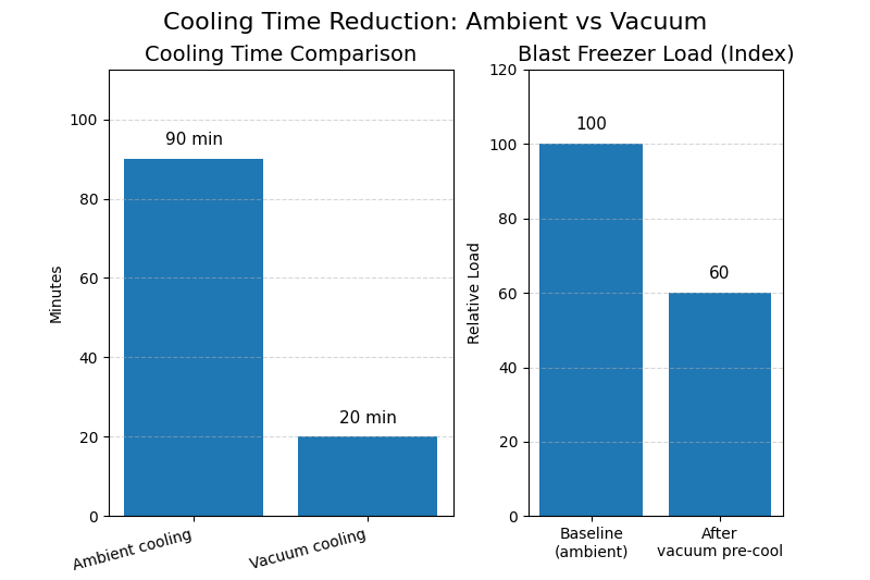 Chart comparing cooling times: Ambient cooling (90 mins) vs. Vacuum cooling (20 mins) vs. Blast freezing load reduction